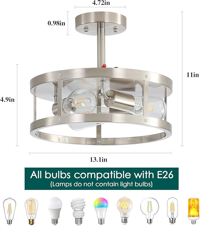 2 Pack Close to Ceiling Lights, Brushed Nickel Semi Flush Mount Ceiling Light Fixture, 13 Inch Adjustable Height Metal Cage Indoor Ceiling Lights for Kitchen Hallway Bedroom Laundry, Easy Assembled
