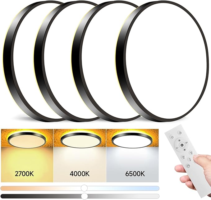 Mille Lucciole 4 Pack LED Flush Mount Ceiling Light Fixture with Remote Control Night Lights, Dimmable Ceiling Lights Black 12 Inch 30W 3000LM 3CCT Color Adjustable Led Ceiling Light fixtures