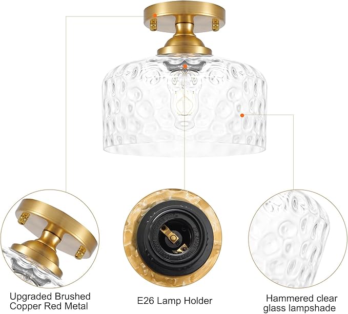 Small Semi Flush Mount Ceiling Light Fixture, Vintage Gold Close to Ceiling Lighting with Hammered Glass Shade for Hallway, Kitchen, Entryway (Retro Design, Easy Install)