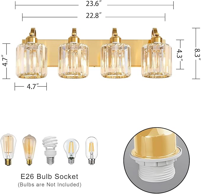 Crystal Vanity Lights, Modern 4-Light Bathroom Lights Over Mirror, Bathroom Light Fixtures with Polished Gold Finish for Mirror Bedroom Living Room (Exclude Bulb)