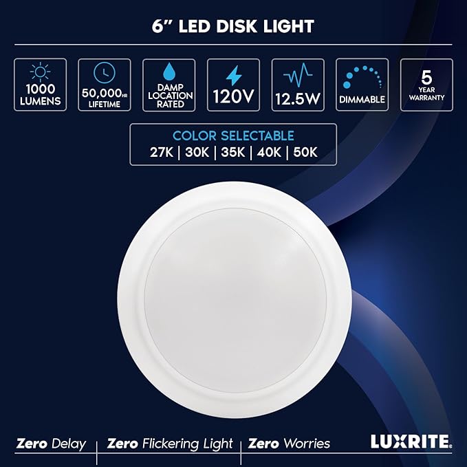 LUXRITE 6 Inch LED Disk Lights, Dimmable Flush Mount Ceiling Light, 5CCT Selectable 2700K 3000K 3500K 4000K 5000K, 12.5W, 1000LM (White, 4 Count (Pack of 1))