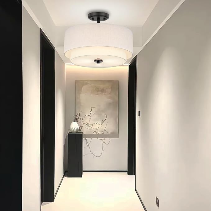3-Light Semi Flush Mount Ceiling Light, 16" Drum Light with White Fabric Shade, Modern Close to Ceiling Lamp for Living Room Bedroom Dining Kitchen Hallway Entry (Matte Black)