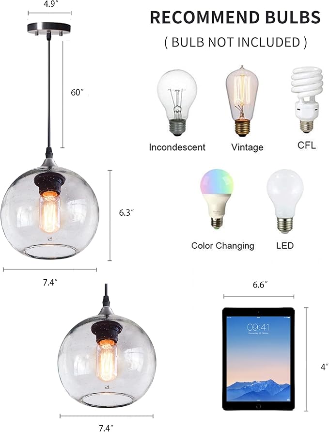 ARIAMOTION Globe Pendant Lights Kitchen Island 3 Pack Hand Blown Glass Modern Rustic Lighting Clear Seeded Bubbles Dining Room Table Coffee Bar Counter Brushed Nickel Lamp 7.4 Inch Diam
