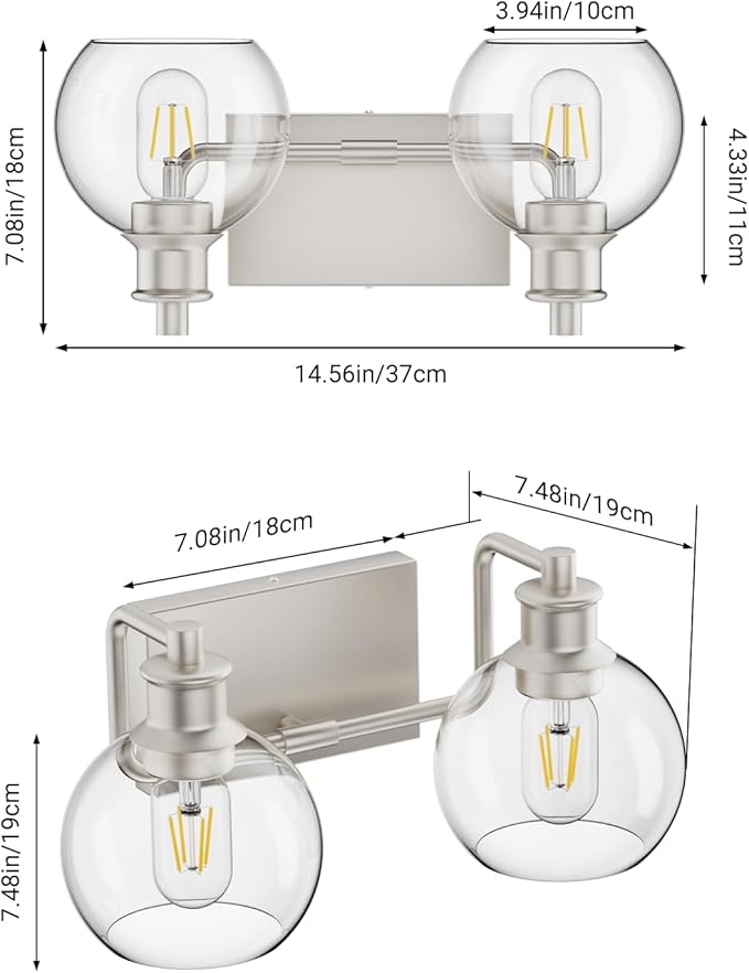 Tipace 2 Light Wall Scone Vintage Vanity Light Fixtures Brushed Nickel Wall Light for Bathroom Lights Over Mirror with Globe Glass Shade Light Fixtures (Exclude Bulb)