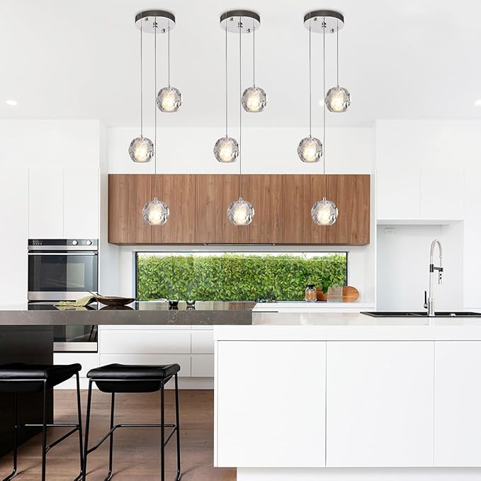 3 Lights Pendant Lighting, Kitchen Chrome Pendant Lights, Bubble Crystal Pendant Island Light Fixture, Modern Cluster Pendant Hanging Light for Dining Room