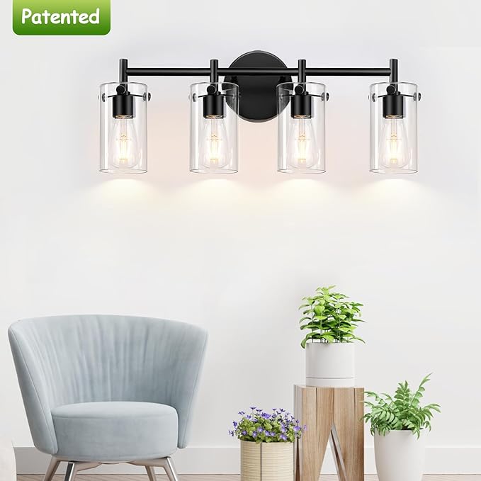 Indoi 4-Light Matte Black Bathroom Vanity Light Fixtures, Clear Glass Shade Wall Sconces for Mirror, Bedroom, Living Room, Hallway