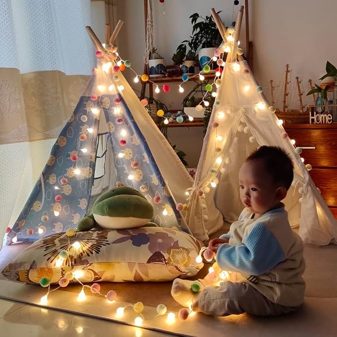 ChiRee Indoor String Lights 6.56 Feet Pom Poms Fairy 20 LED Battery Operated Ball Warm White Globe Colorful Decor for Home Bedroom Kids Playhouse Holiday Christmas