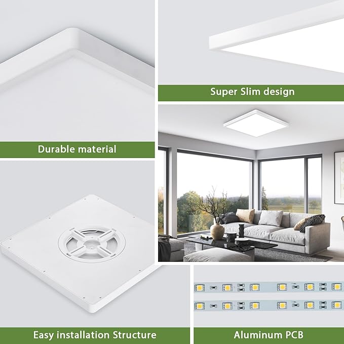 12 Inch 24W LED Flush Mount Ceiling Light Fixtures, 3000K/4000K/6000K Adjustable Square LED Ceiling Light, 2800LM Flat Panel Ceiling Light Fixture for Hallway, Kitchen, Bedroom (White-6 Pack)