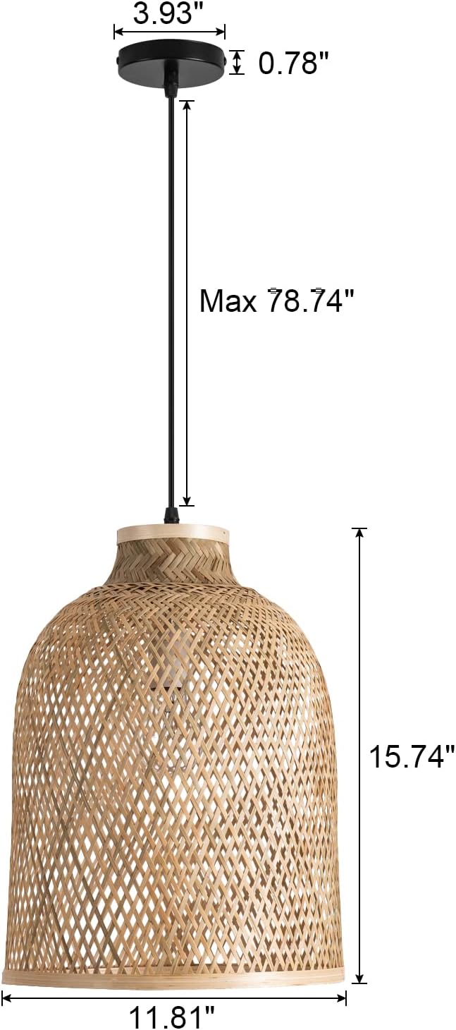 11.81" Dome Woven Pendant Light Fixture, Handmade Geometric Boho Bamboo Woven Pendant Light for Kitchen Dining Room Bedroom Living Room