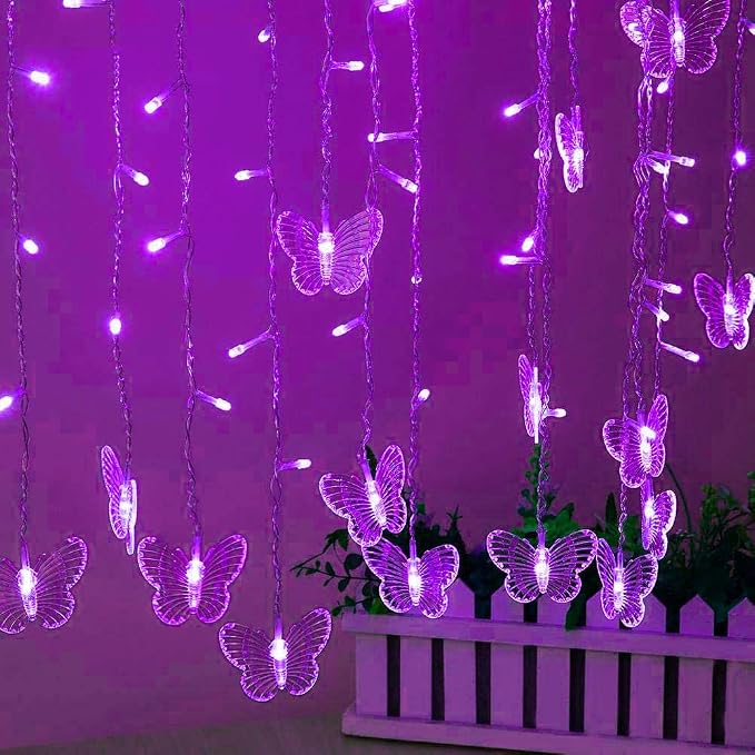 Curtain Butterfly String Light 20Ft 120LED Window USB Fairy Lights 24 Butterfly 8 Modes with Remote Control for Room Bedroom Patio Party Wedding Holiday Christmas Decoration (Purple)