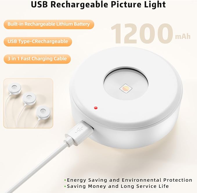 Picture Lights with Remote, Wireless Rechargeable Battery Operated Wall Light 3 Pcs Dimmable and Timer Metal Art Light for Paintings,Display, Wall, Artwork, Gallery (White)