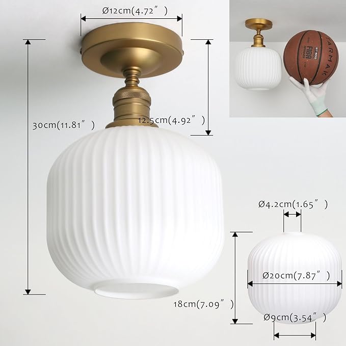 Pathson Vintage Flush Mounted Ceiling Light with Milk White Glass, Brushed Brass Modern Ceiling Lamp Fixture for Farmhouse Hallway Foyer Loft Living Room Bedroom