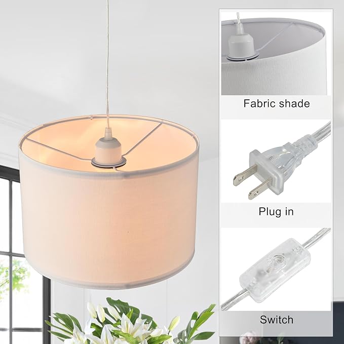 2 Pack Plug in Pendant Light, Hanging Light with 15Ft Clear Cord, On/Off Switch, White Fabric Lamp Shade, Hanging Light Fixture for Bedroom, Kitchen,