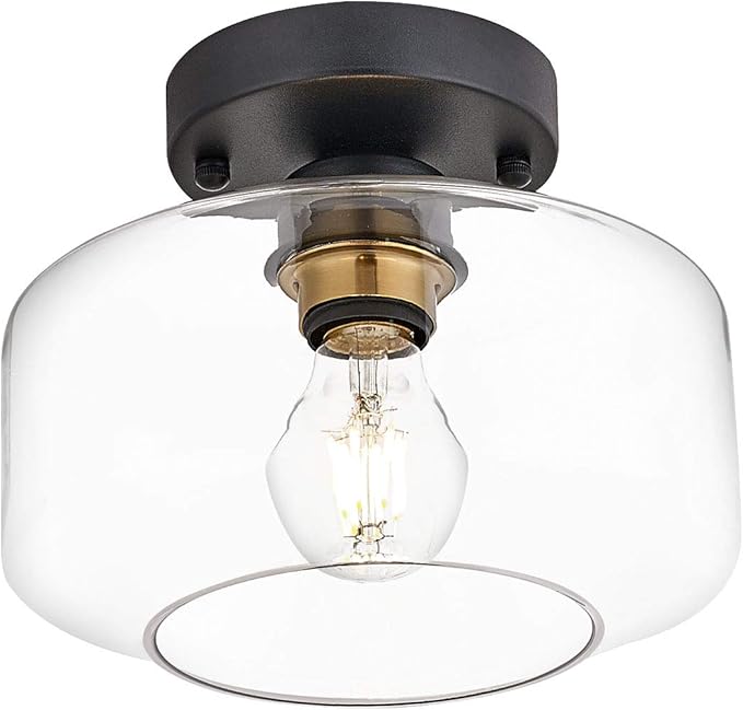 BISAMIYA Modern Semi Flush Mount Ceiling Light - Matte Black with Brass Accent & 8.66” Clear Glass Shade - for Kitchen, Dining Room, Hallway & Entryway