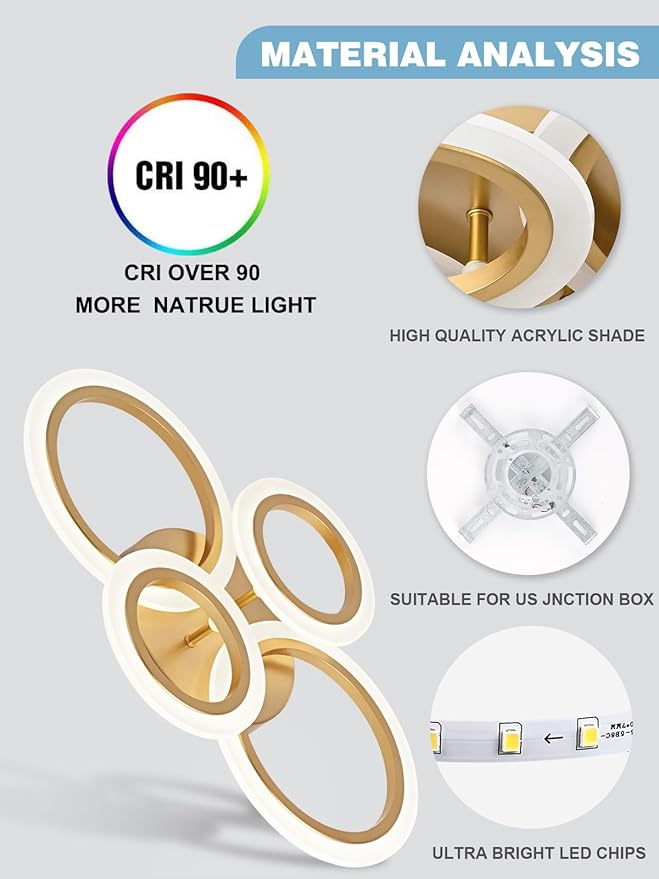 Vikaey Modern LED Flush Mount Ceiling Light, 4 Rings Gold Close to Ceiling Light Fixtures, Kitchen Lighting Fixture Lamp for Bedroom, Living Room, Laundry Room, 4000K Not Dimmable