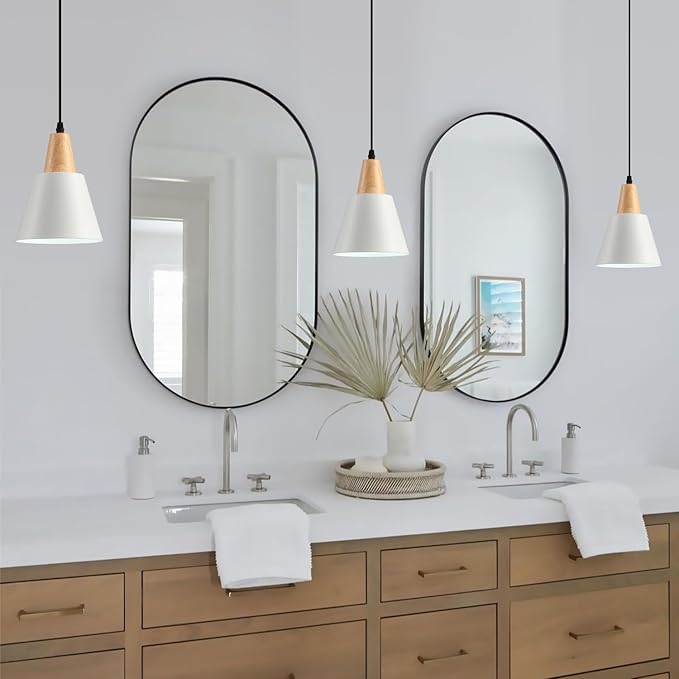 2 Pack Pendant Lights, White Pendant Lights Kitchen Island,Wood Dome Minimalist Industrial Ceiling Hanging Lights for Kitchen Island, Barn, Dining Room, Living Room, Bedroom
