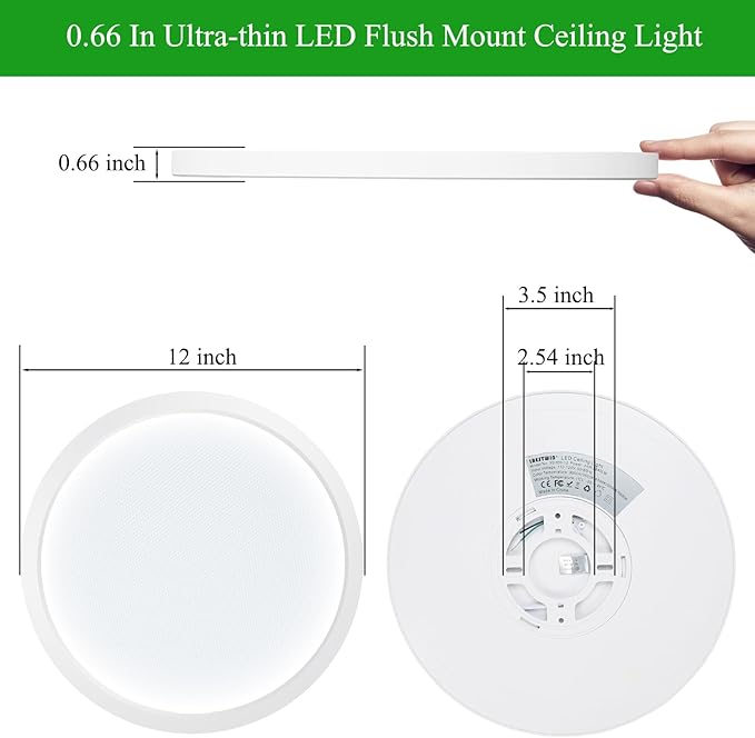 LED Flush Mount Ceiling Light Fixture, 24W 12Inch 3000K/3500K/4500K/5000K/6500K 5 Color Changeable 2880LM Low Profile Ceiling Light for Bedroom, Living Room, Dining Room, Hallway White