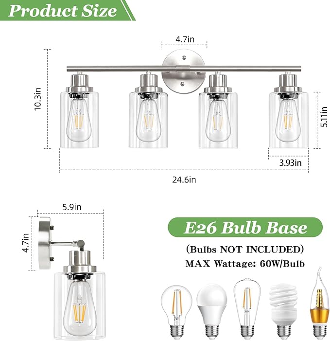 4-Light Nickel Bathroom Light Fixtures, E26 Modern Vanity Lights for Bathroom with Clear Glass Shade, Wall Lamps for Mirror Hallway Kitchen Cabinet Living Room Sconces Lights
