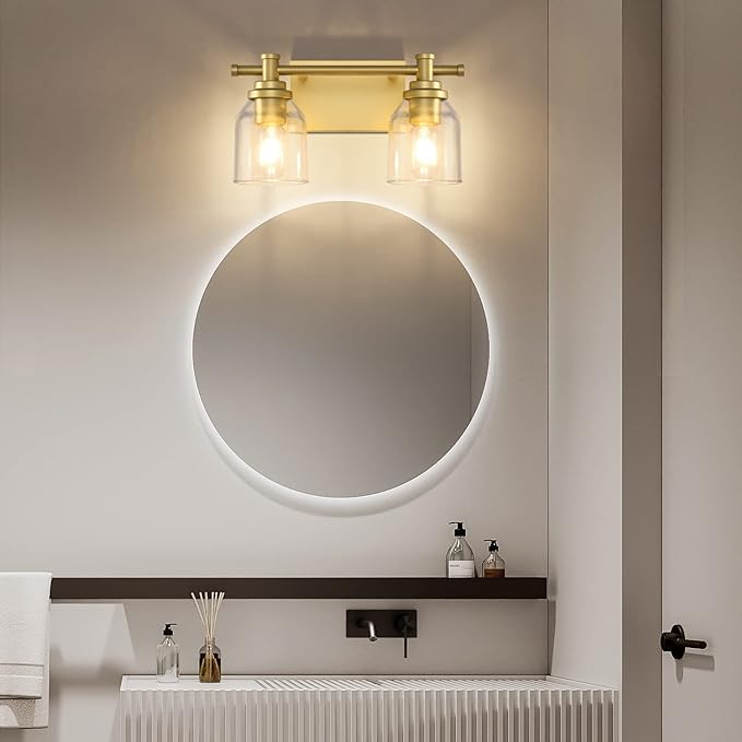 SOLFART Golden 2 Lights Vanity Light Fixture for Bathroom Lighting Fixtures Over Mirror Vintage Wall Light