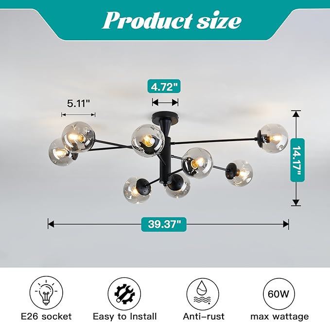 hesoge Modern Sputnik Ceiling Lights Black Semi Flush Mount Ceiling Fixture with Glass Globes 8 Light Large Chandelier for Dining Room Bedroom Living Room Kitchen Farmhouse.