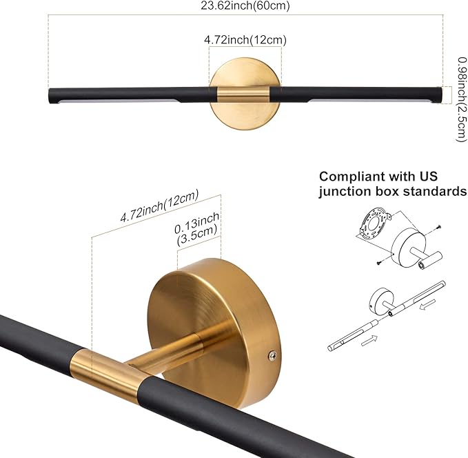 Modern Bathroom Light Fixtures Over Mirror 24 Inch, 18W 360° Rotatable Dimmable 4000K Led Vanity Light Bar, Black and Gold Bathroom Vanity Lights Above Mirror