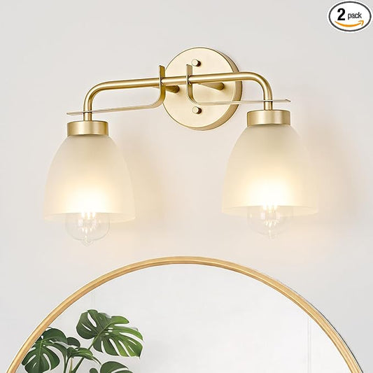 16 Inch Mid-Century Modern Vanity Lights, 2-Light Golden Bathroom Light Fixture with Frosted White Bell Shades, Industrial Wall Sconce for Mirror Over Vanity, Bedroom, Hallway (2 Pack)