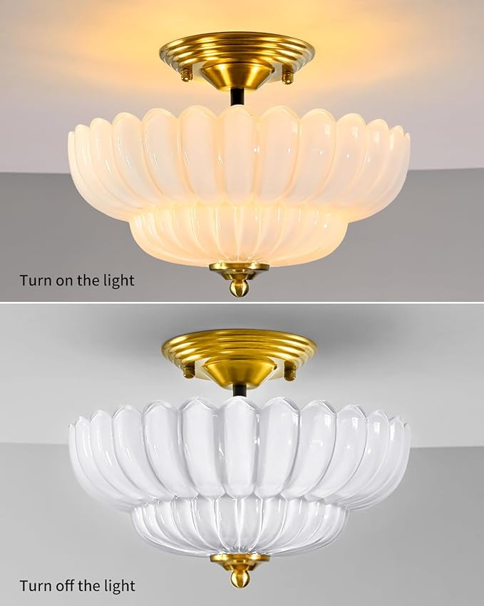 3-Light Vintage Semi Flush Mount Ceiling Light, Milk Glass Flower Shade with Brass Finish, Retro Gold Ceiling Light Fixture for Bedroom Hallway Kitchen Entryway