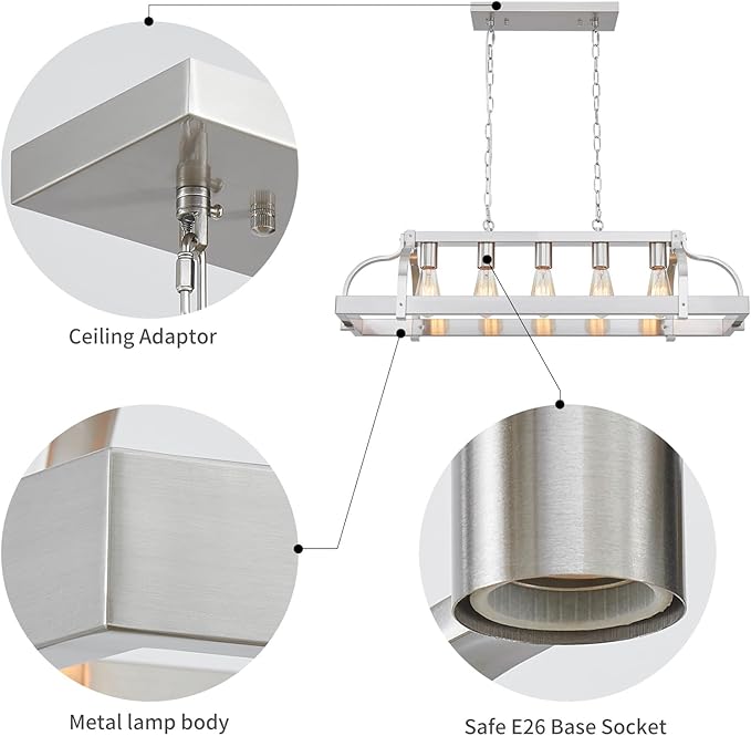 WUZUPS 5-Light Metal Pot Hanging Rack Chandelier Linear Pendant Ceiling Lighting Rustic Farmhouse Fixture Kitchen Island Dining Room, H 9.8" L 34.6" W11.8, E26 Base, Brushed Nickel