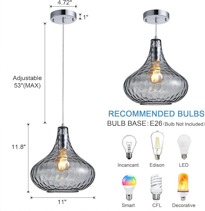 Hammered Glass Pendant Light - 11" Vintage Industrial Farmhouse Fixture for Kitchen Island, Dining Room & Entryway, Smoke Gray Ceiling Hanging Light with Chrome Finish,Easy Install Modern Chandelier