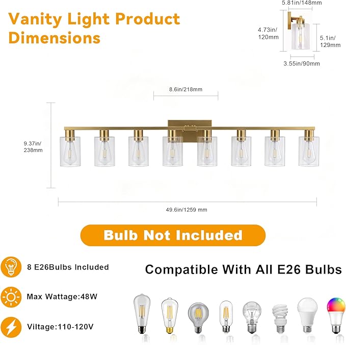 8 Light Bathroom Vanity Light Gold Bathroom Light Fixtures Brass Vanity Lights for Bathrrom 46 in Large Wall Sconce Brush Gold with Clear Glass Shade for Over Mirror