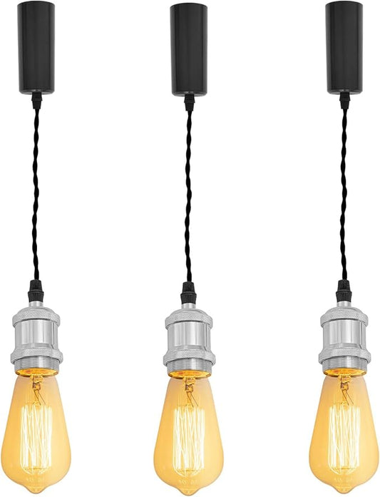 Kiven H-Type Track Light Pendants, 59 Inch Cord Length Black Weave Rope Adjustable Length, 3 Pack Restaurant Chandelier Decorative Pendant Light Industrial Pendant Lamp,Bulb Not Included（Chrome）