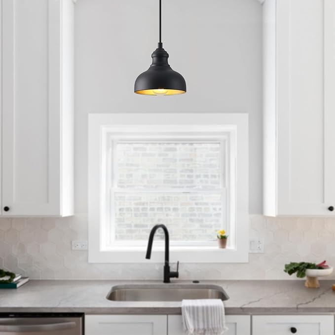 7in Dome Outdoor Pendant Barn Light Black and Brass Kitchen Island Hanging Light Fixture Exterior Small Porch Pendant Lamp Farmhouse Bedroom Hanging Lamp for Bathroom Shop Cafe, Ajustable
