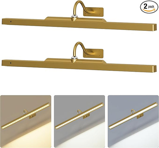 2 Pack 24 Inch Wall Lights for Pictures - Cordless Rechargeable Wall Sconces with Dimmable Remote for Above Mirror, Painting & Décor (Antque Gold)