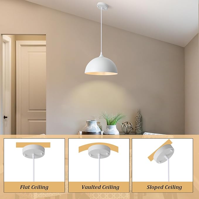 3 Pack White Pendant Lights Kitchen Island 11.8" Modern Dome Pendant Light Fixtures Farmhouse Industrial Vintage Hanging Ceiling Light Fixture for Dining Room Foyer Hallway Bar Cafe Kitchen