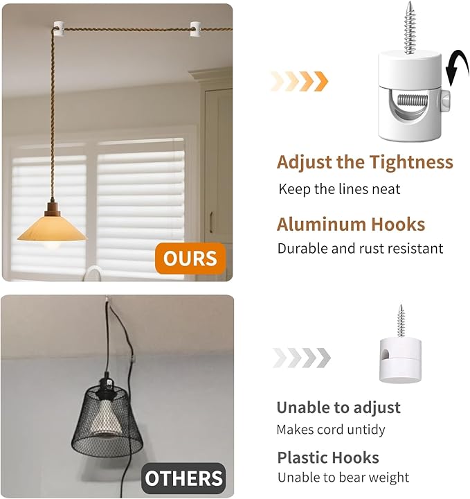 Upgrade 0.46’’ Big Hole Ceiling Hooks for Hanging Lights，Aluminum Ceiling Hook for Light Fixture, White Adjustable Swag Hook, Pendant Lights Hook, Swag Hooks for Hanging Lamp Shades (6 Pack)