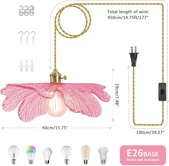Pink Glass Flower Petal Hanging Light Plug in Pendant Light for Ceiling, 15.7" Gold Mid Century Boho Ceiling Pendant Lighting for Bedroom Living Dining Room, Beautiful Light Fixtures