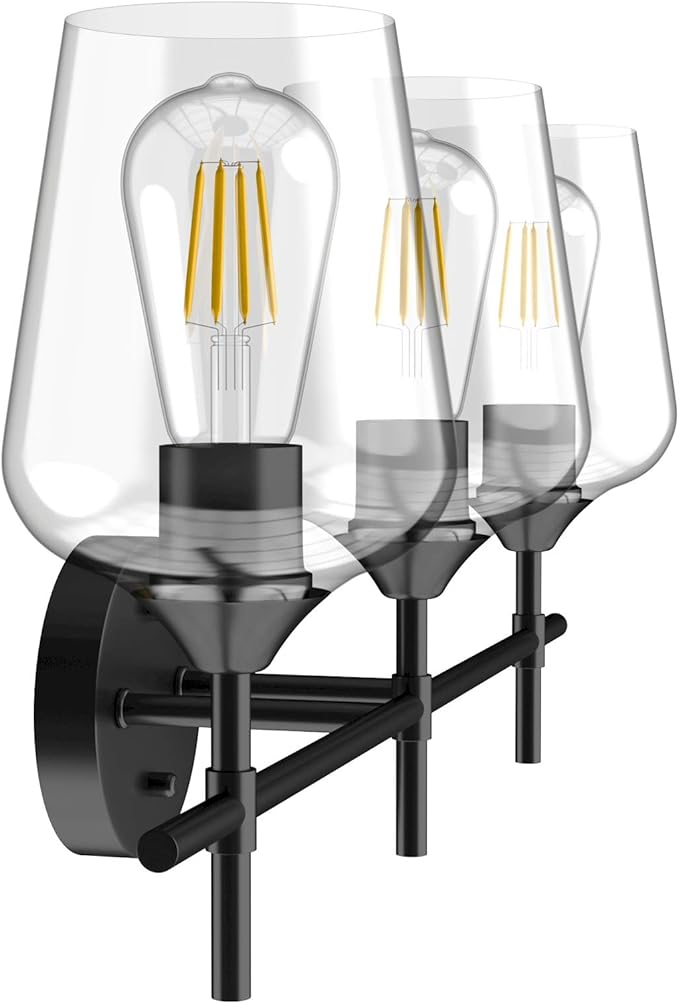 Ralbay Industrial Bathroom Vanity Light Fixtures 3-Lights Matte Black with Clear Glass Vintage Edison Wall Lamp Light Fixture for Bathroom