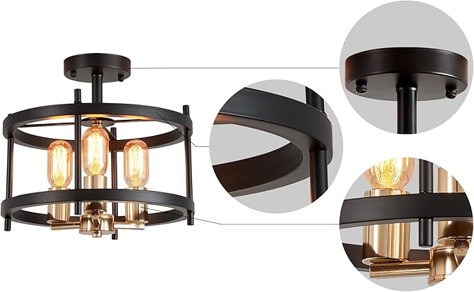AGV LIGHTING Semi Flush Mount Ceiling Light Fixture, 3-Light Farmhouse Light Fixture Ceiling Mount, Black & Gold Finish