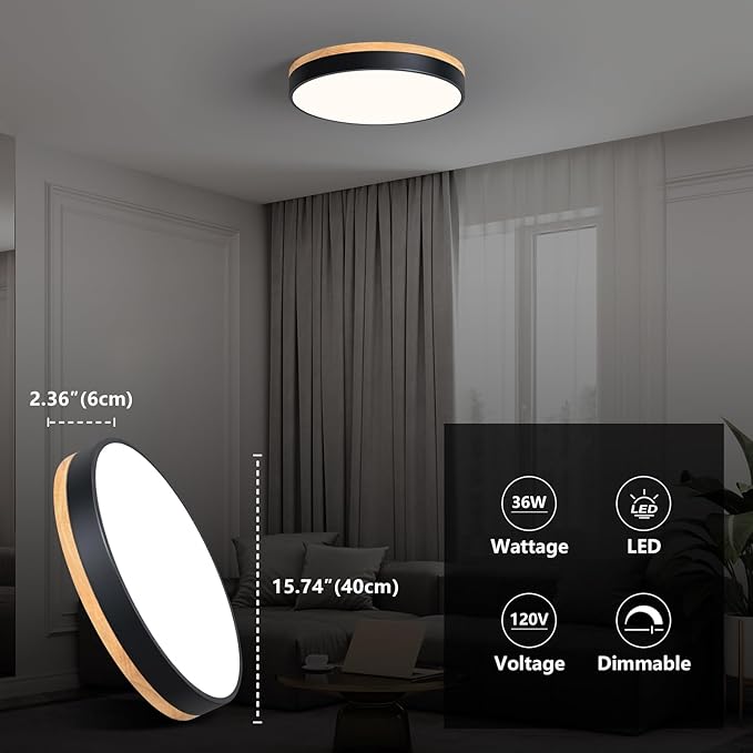 WOKNOS Modern Dimmable LED Close to Ceiling Light Minimalist Wood Oak Flush Mount Ceiling Light Fixture Circle Lighting for Bedroom Living Room Bathroom Laundry Room (Black, 15.7'')