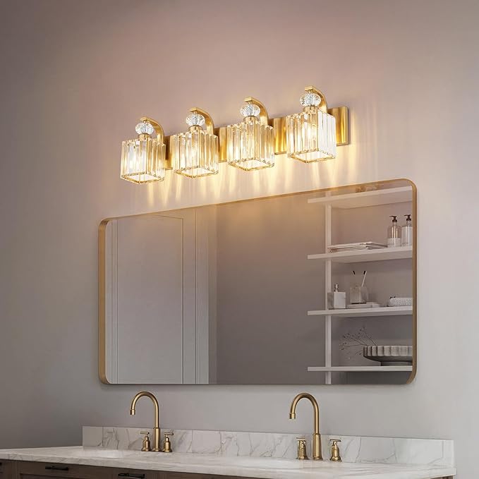 Modern Bathroom Vanity Light, 4-Light Gold Bathroom Lighting Fixtures Over Mirror, 28.4" Crystal Wall Light Sconce for Bathroom/Bedroom/Vanity, Includes LED Bulbs, Easy Installation