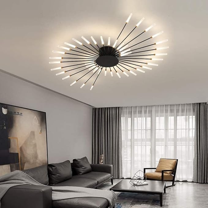 JAYMP 50.4“ Ceiling Light Modern Flower Shape Ceiling Lamp for Living Room Dining Room Flush Mount Metal Acrylic Sputnik Firework Petal LED Lighting Fixture (Matte Black, 42 Lights)