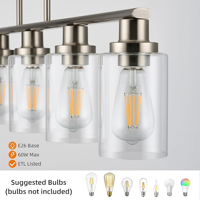 Kitchen Island Lighting, 4-Light Farmhouse Dining Room Light Fixtures Over Table, Linear Chandelier Pendant Lighting for Kitchen Island for Brushed Nickel Finish with Clear Glass Shade