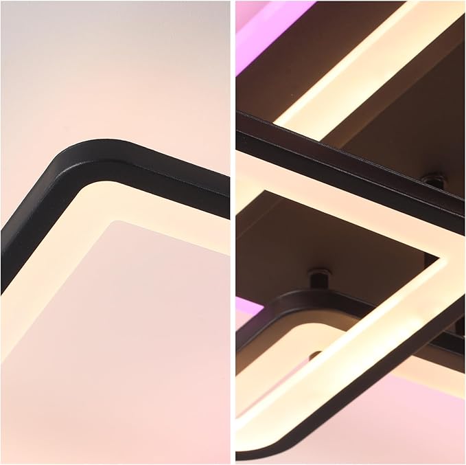 Stunning Layered Square Geometric Modern LED Ceiling Light - 100W Super Bright Black Flush Mount Chandelier, Dimmable RGB, Remote Control Included for Living Room Bedroom Dining Room