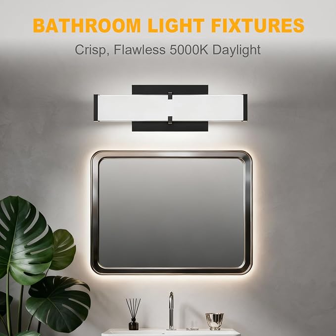 Bathroom Lighting Fixtures Over Mirror: ETL Certified 24 Inch Black Modern LED Vanity Lights 5000K Cool White IP44 - Dimmable Vanity Light Bar 2500LM with Clear Shade - Bathroom Light Fixtures