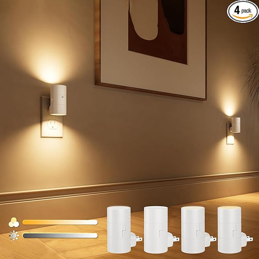 VOLISUN Night Lights Plug into Wall, Dimmable LED Nightlight with Dusk to Dawn Light Sensor, 0-100LM Adjustable Brightness, 3 Color Temperatures, Smaller Plug White 4 Pack for Hallway,Bedroom,Bathroom