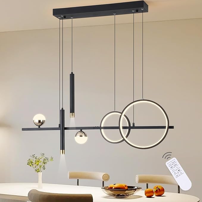ORANOOR Modern LED Pendant Lights, Dimmable 39in Linear Wave LED Chandelier Lighting, Black & Gold Dining Room Hanging Light Fixtures Kitchen Island Globe Pendant Light for Dining Table (2704lm)