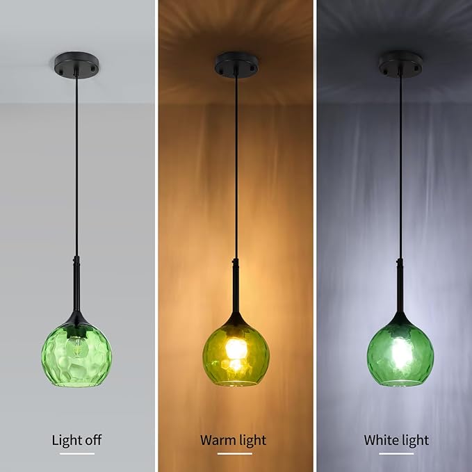 JHLBYL Glass Pendant Lights Kitchen Island: 5.91'' 1-Light Green Hammered Glass Pendant Light with Black Finish - Modern Minimalist Hanging Light Fixture for Kitchen Sink Dining Room - E26 Base
