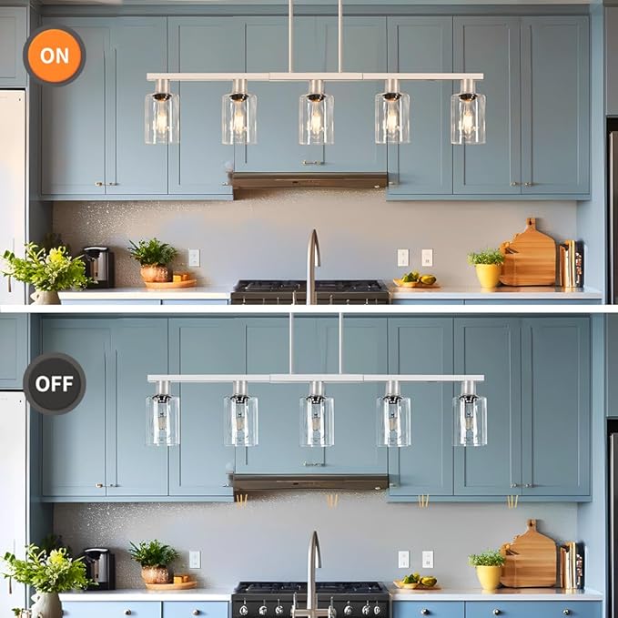 Brushed Nickel 5-Light Kitchen Island Lighting with Clear Glass Shades, Adjustable Island Light for Kitchen, Dining Room Light Fixture Over Table, Kitchen Pendant Lighting for Kitchen Island