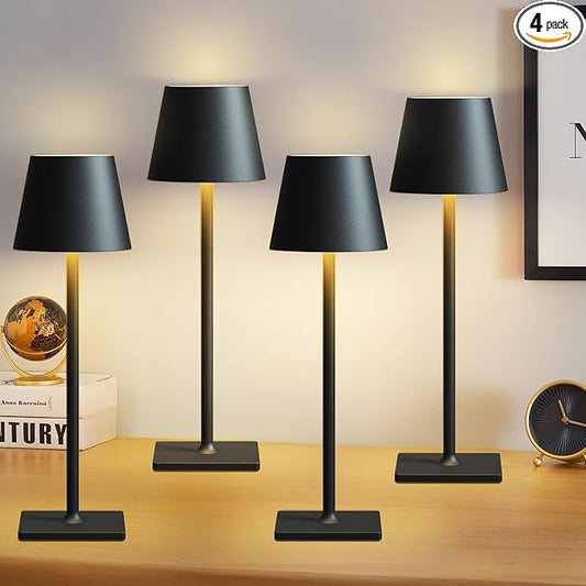 Fizrice 4 Pack Cordless Table Lamps, Portable Rechargeable Lamp, 6000mAh Battery Operated, 3 Color Dimmable LED Table Light for Restaurant/Bedroom/Outdoor Party/Camping/Cafe Night Light(Black)