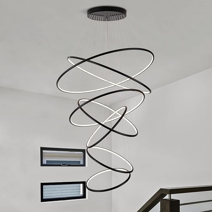 MADEM Modern LED Chandeliers 7 Rings Black Chandelier Contemporary Ceiling Pendant Light Fixture for Staircase Foyer High Ceiling Living Room, 3000K Warm White, 200W